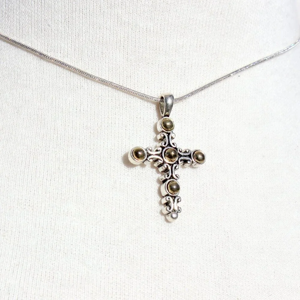 Two Tone Dot Design Cross Necklace - New w/Tags
